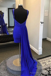 Royal Blue Spaghetti Straps Beaded Bodycon Homecoming Dress with Open Back